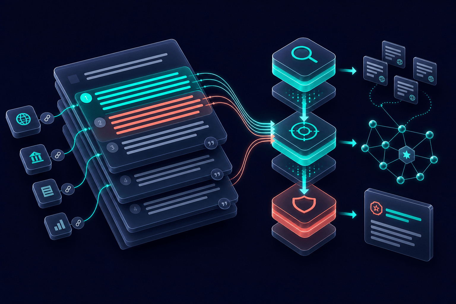 Layered 3D answer blocks in navy and teal floating in space, with the first 40-60 word paragraph highlighted by coral glow and citation arrows pulling content into an AI retrieval pipeline