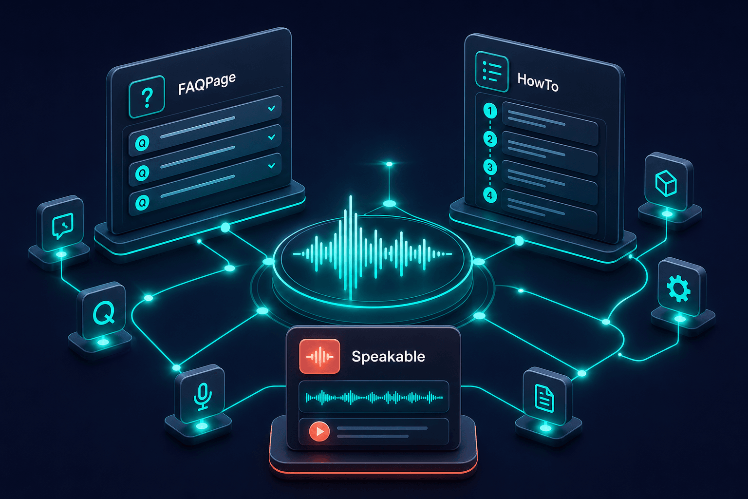 Conceptual 3D rendering of FAQPage, HowTo, and Speakable schema as interconnected glowing nodes and structured data cards orbiting a central voice waveform icon, teal highlights on navy background with coral accents