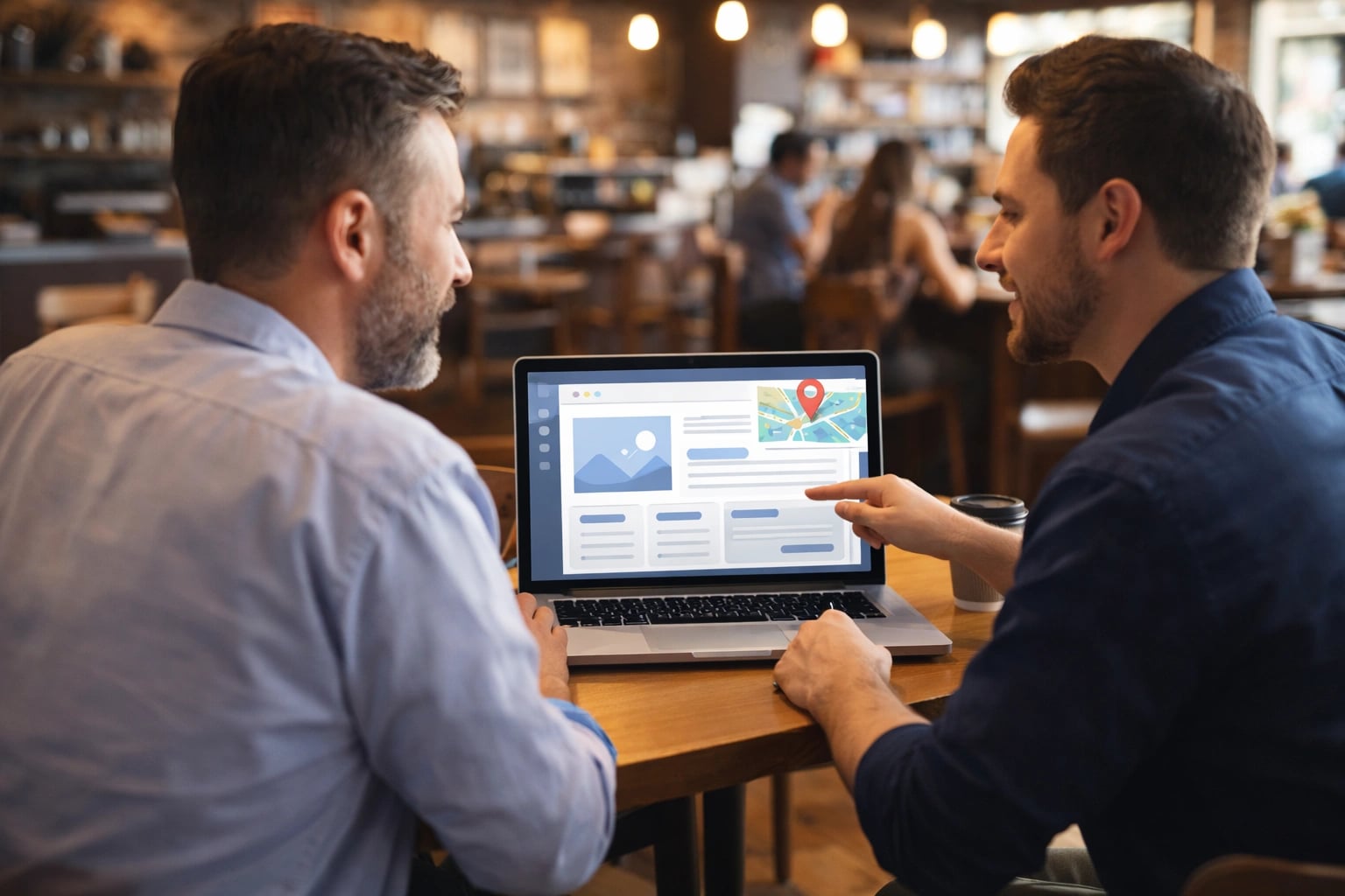 Local website designer meeting with a small business owner in a coffee shop setting