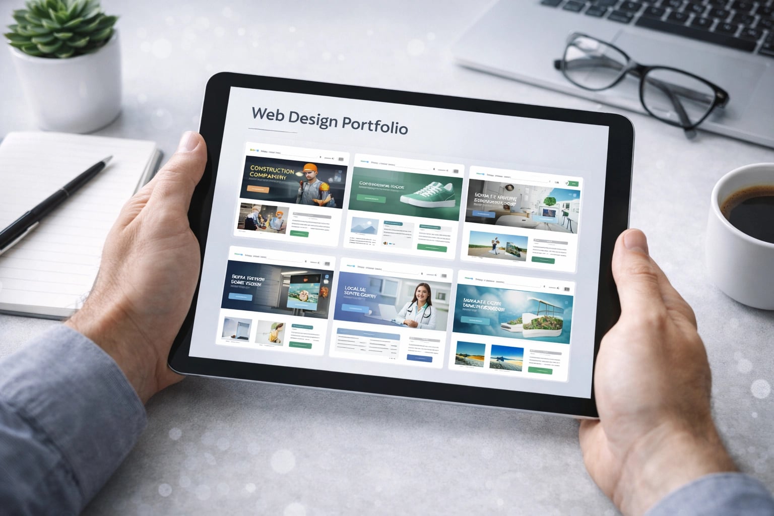 Reviewing a local website designer’s portfolio on a tablet device