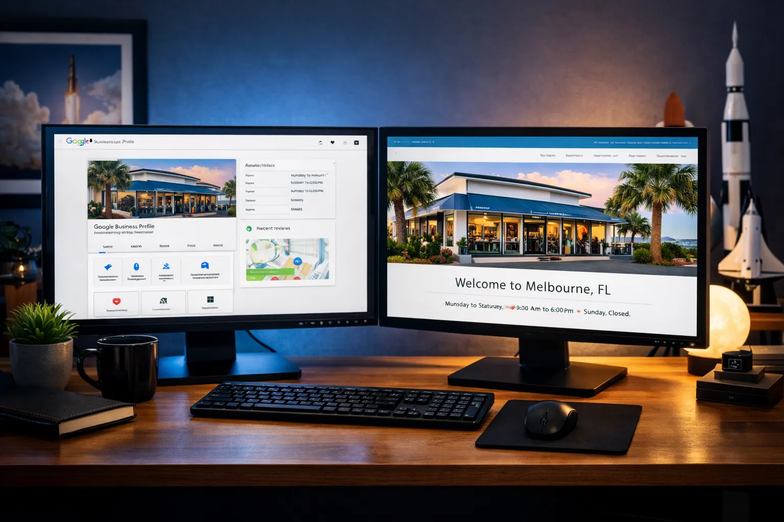 Google Business Profile dashboard next to matching business website on dual monitors in a modern office