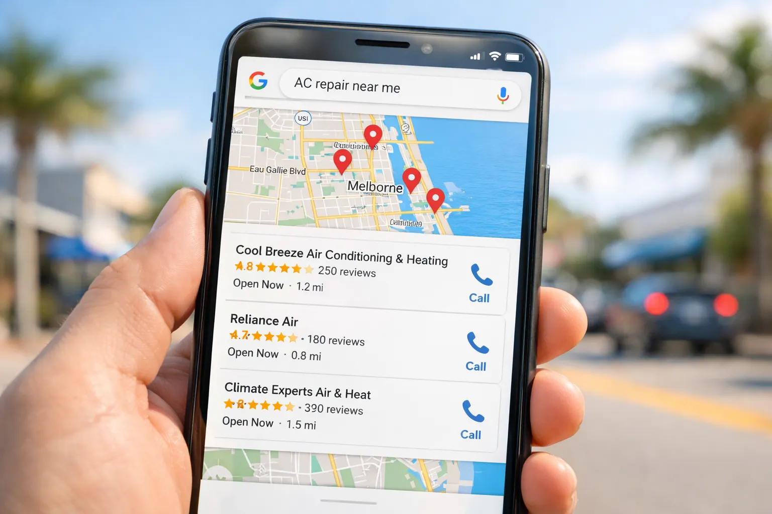 Mobile phone showing local search results for AC repair in Melbourne Florida with map and business listings
