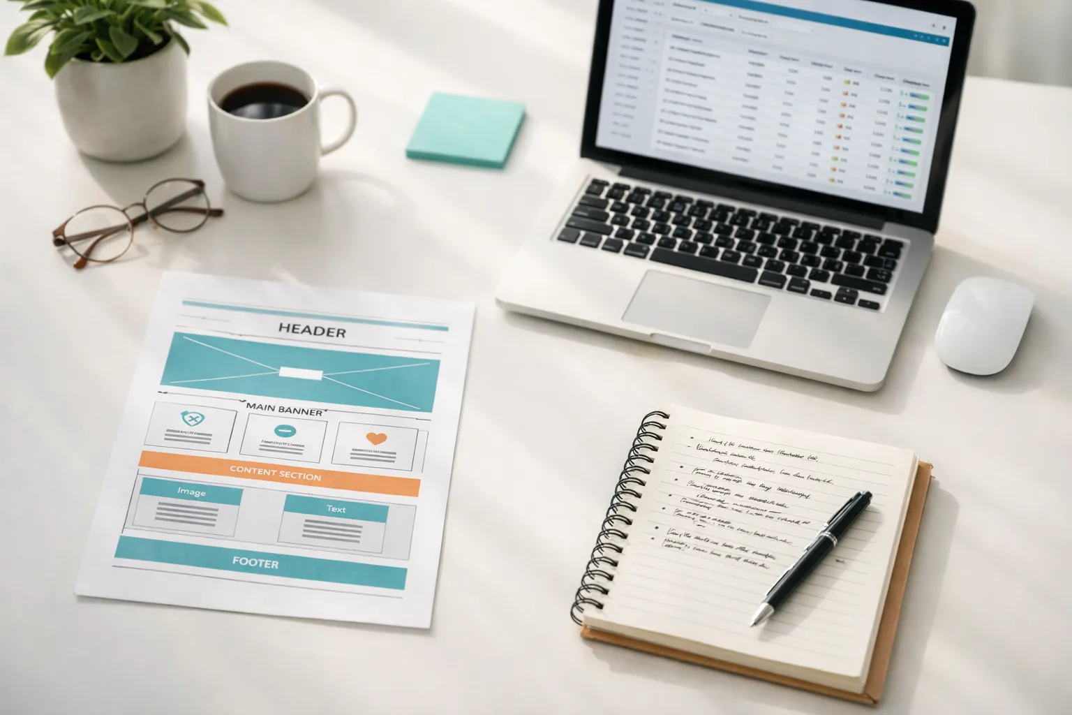 Clean website wireframe next to local SEO keyword research document on a desk in a Titusville office