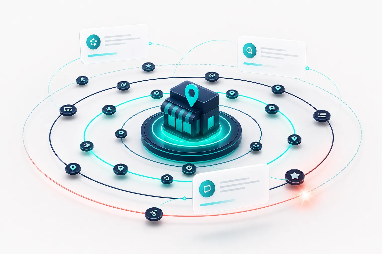 Isometric share-of-voice visualization with a central local business node orbited by four AI citation rings and floating prompt cards
