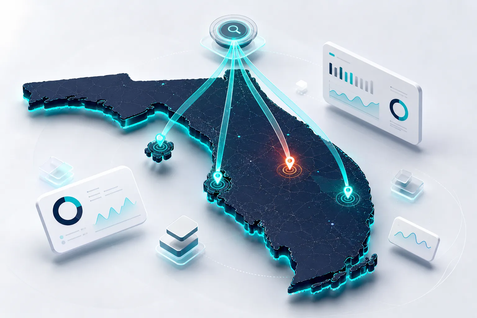 Conceptual 3D Florida map with four divergent AI recommendation beams and floating measurement cards showing fragmented engine agreement