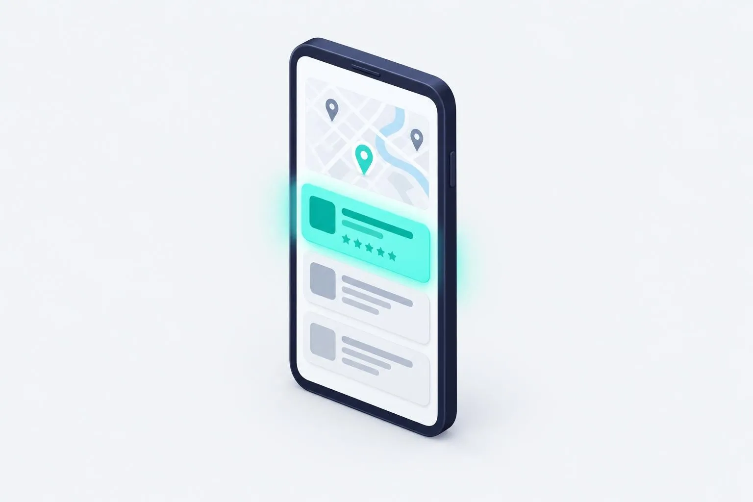 Illustration of a phone showing a local map with three results, the top one highlighted