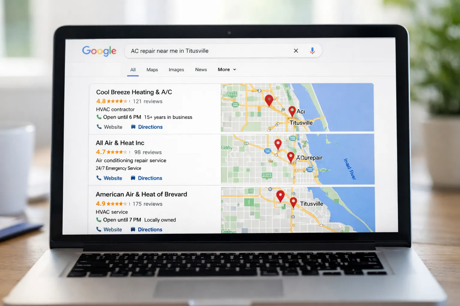 Google search results for AC repair near Titusville showing top three local businesses dominating the map and organic listings