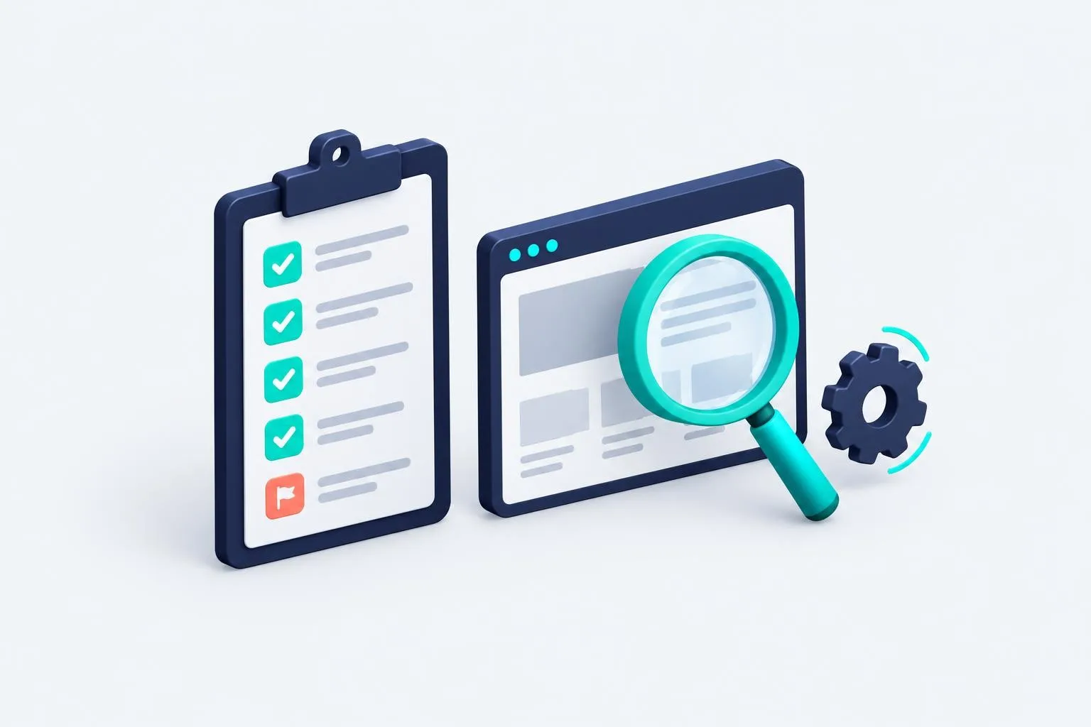 Illustration of an SEO audit checklist beside a WordPress dashboard with plugin and speed items marked