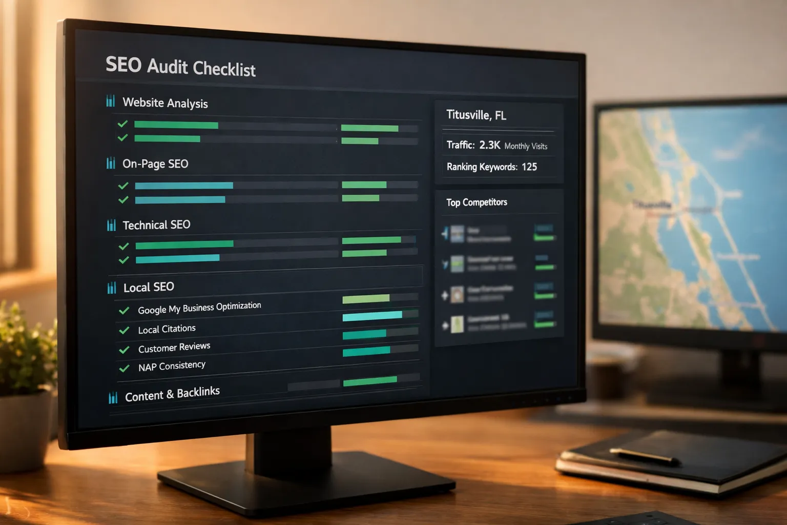 Step-by-step WordPress SEO audit checklist on a computer monitor with Titusville business data displayed