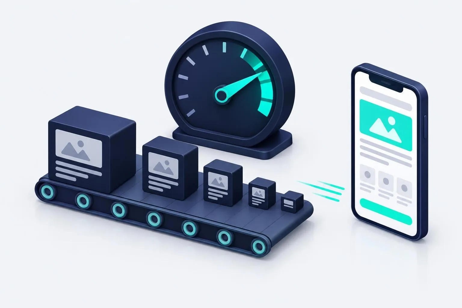 Illustration of a phone speed test gauge beside a WordPress site, with a stopwatch and a checklist