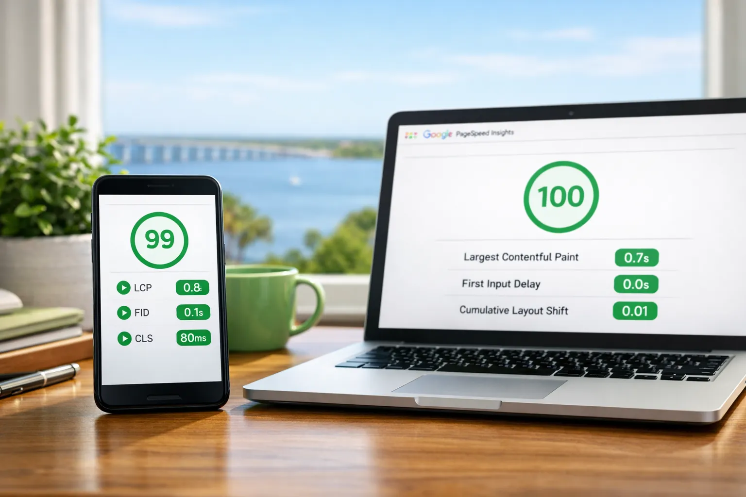 Mobile speed test results showing improved Core Web Vitals scores for a local Florida business website