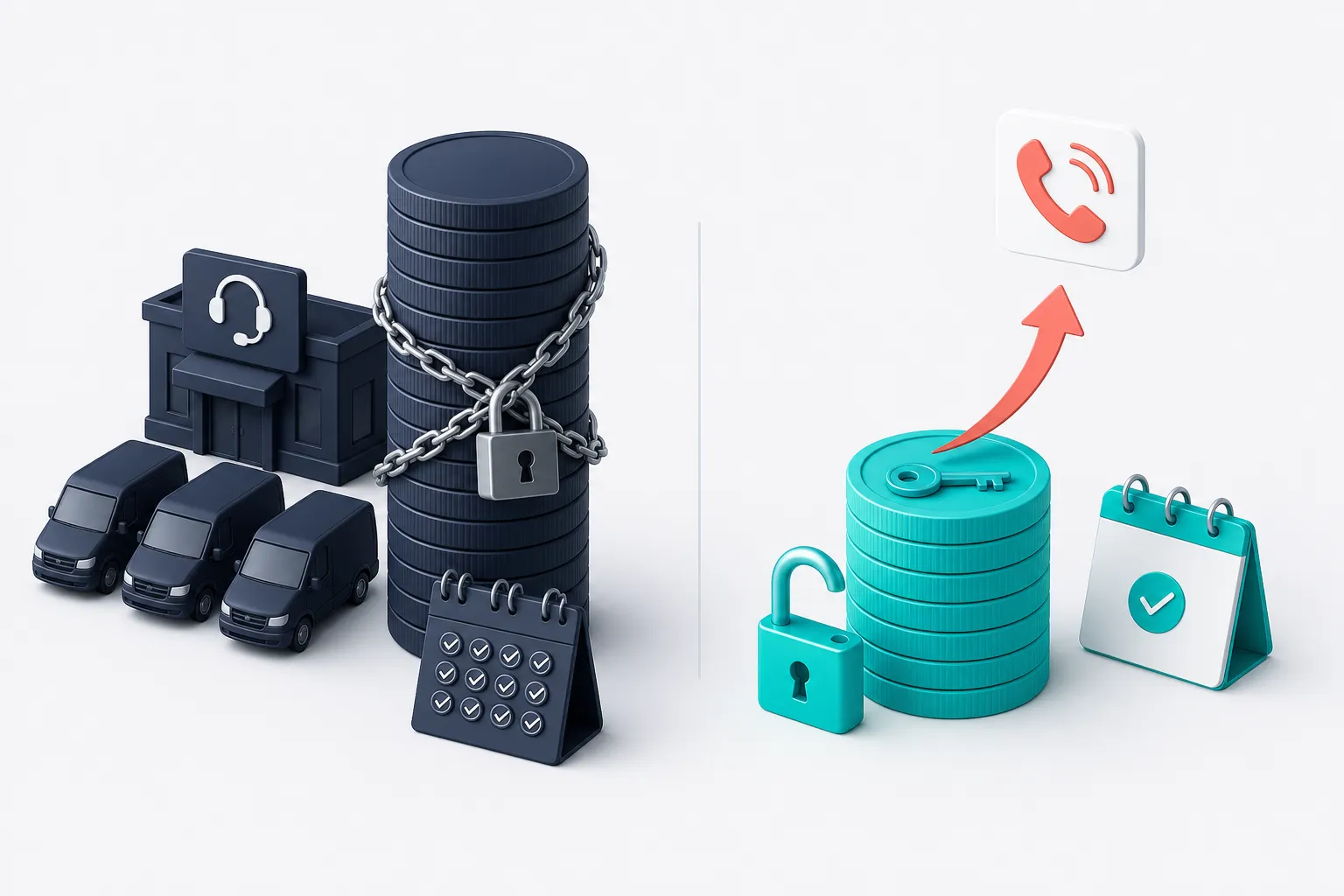 A tall stack of navy coins chained to a twelve-month calendar beside a short stack of teal coins with an open lock, a key, and a phone ringing above