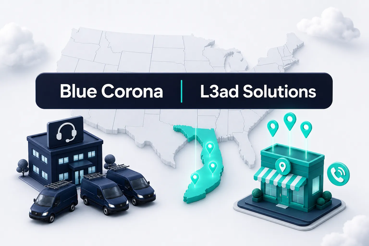 The Blue Corona and L3ad Solutions wordmarks on a navy bar over a map of the United States with Florida in teal, a fleet of service vans on the left and a storefront with a ringing phone on the right
