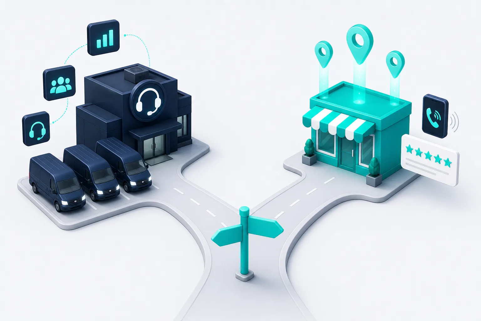 A fork in the road: one branch leads to a call-center building with a fleet of vans, the other to a storefront with map pins, a five-star review card, and a ringing phone
