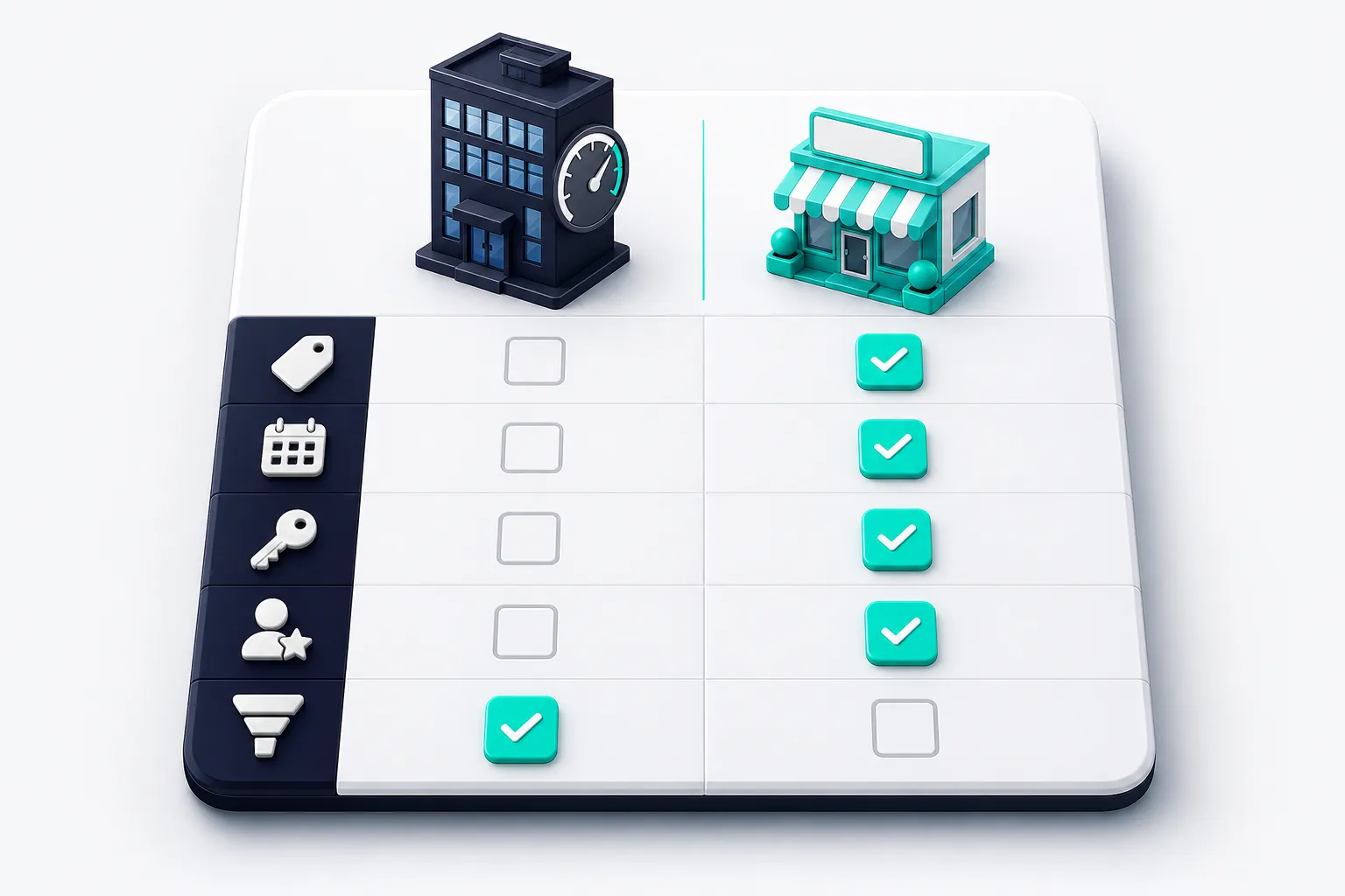 A comparison table of icons: price tag, calendar, key, and founder rows check for L3ad Solutions, the full-funnel row checks for Comrade Digital