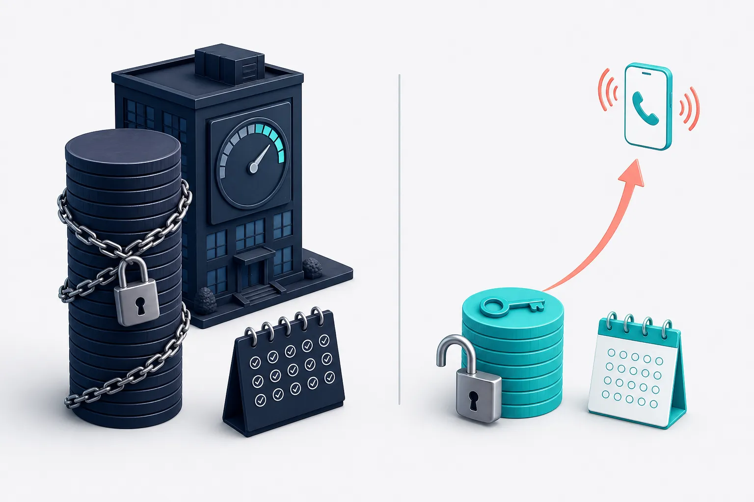 A tall stack of navy coins chained to a twelve-month calendar beside a short stack of teal coins with an open lock, a key, and a phone ringing above