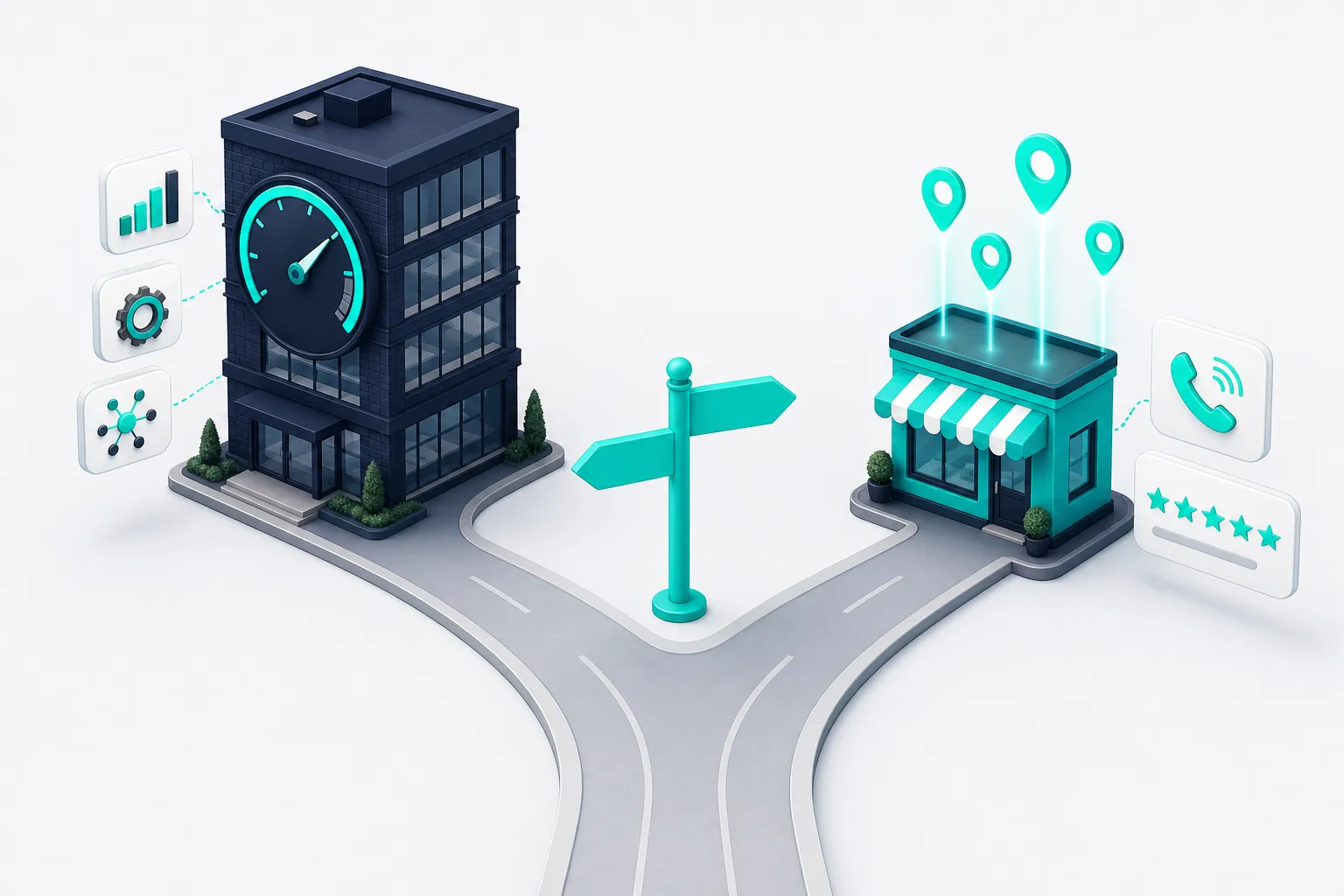 A fork in the road: one branch leads to an office building with a dashboard dial, the other to a storefront with map pins, a five-star review card, and a ringing phone
