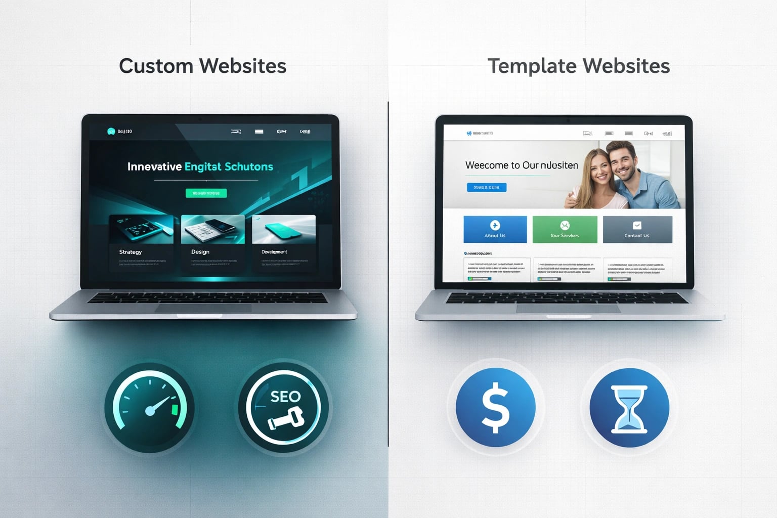 Comparison chart of custom vs template website features, pricing, and performance