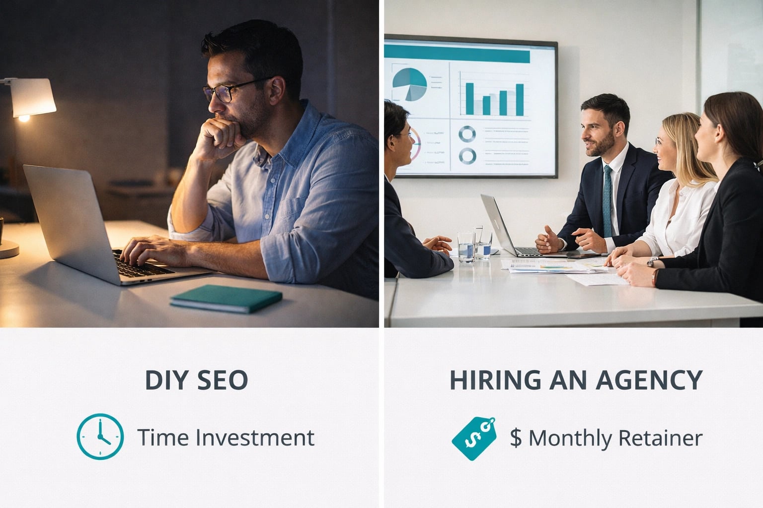 Cost comparison showing DIY SEO time investment versus agency monthly retainer