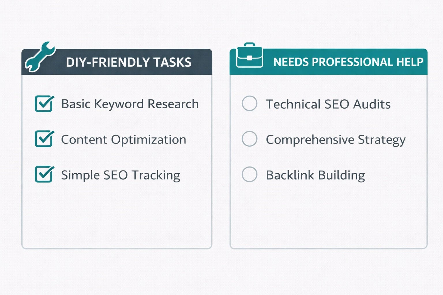 Checklist of SEO tasks showing which are DIY-friendly and which need professional help