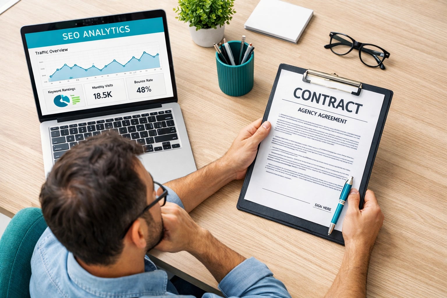 Business owner weighing DIY SEO tools against hiring a professional agency