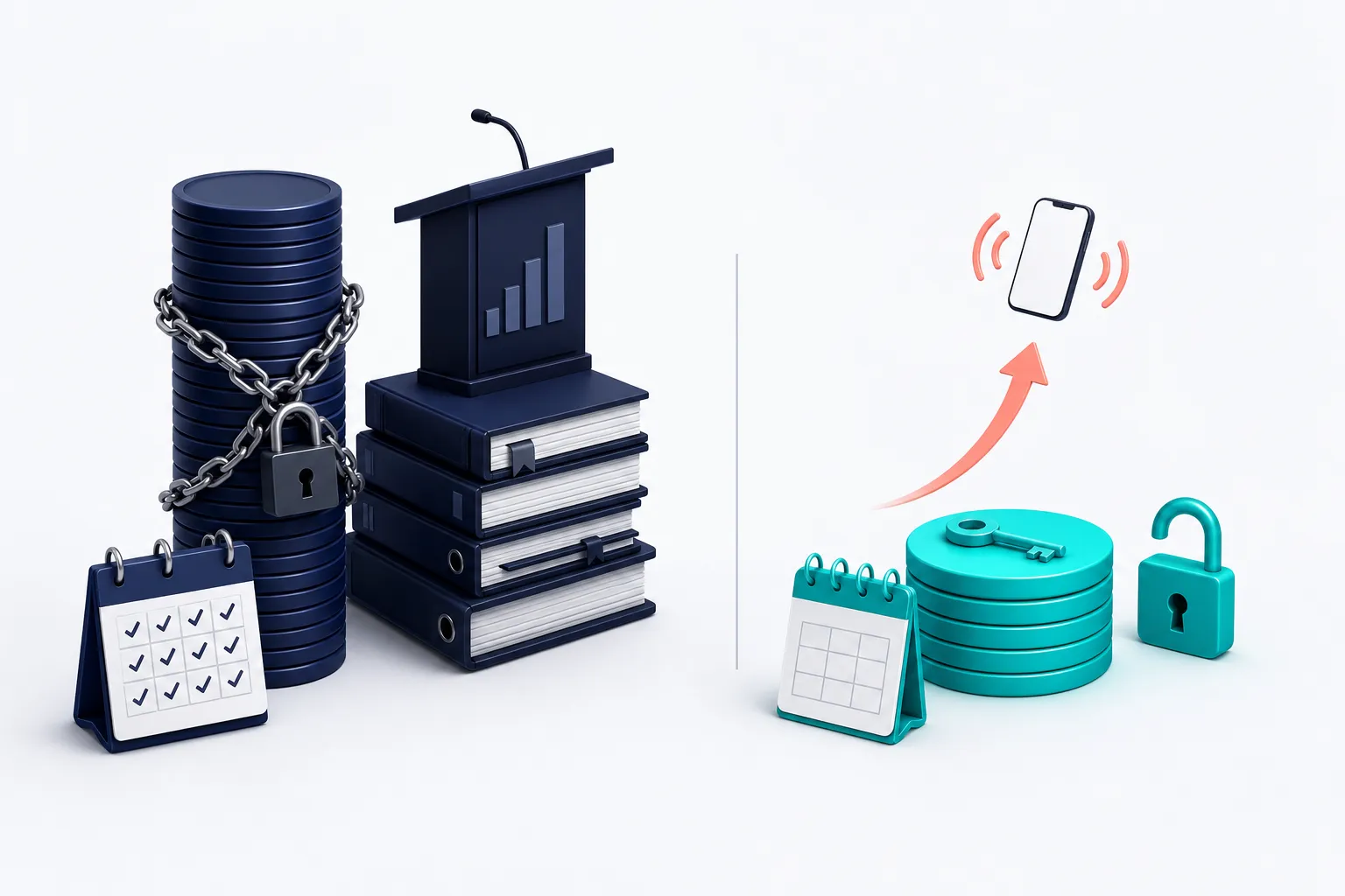 A tall stack of navy coins chained to a twelve-month calendar beside a short stack of teal coins with an open lock, a key, and a phone ringing above
