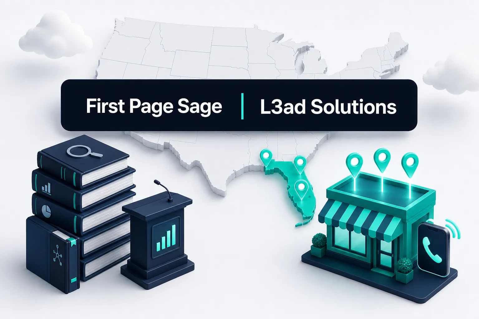 The First Page Sage and L3ad Solutions wordmarks on a navy bar over a map of the United States with Florida in teal, a stack of research books and a lectern on the left and a storefront with a ringing phone on the right