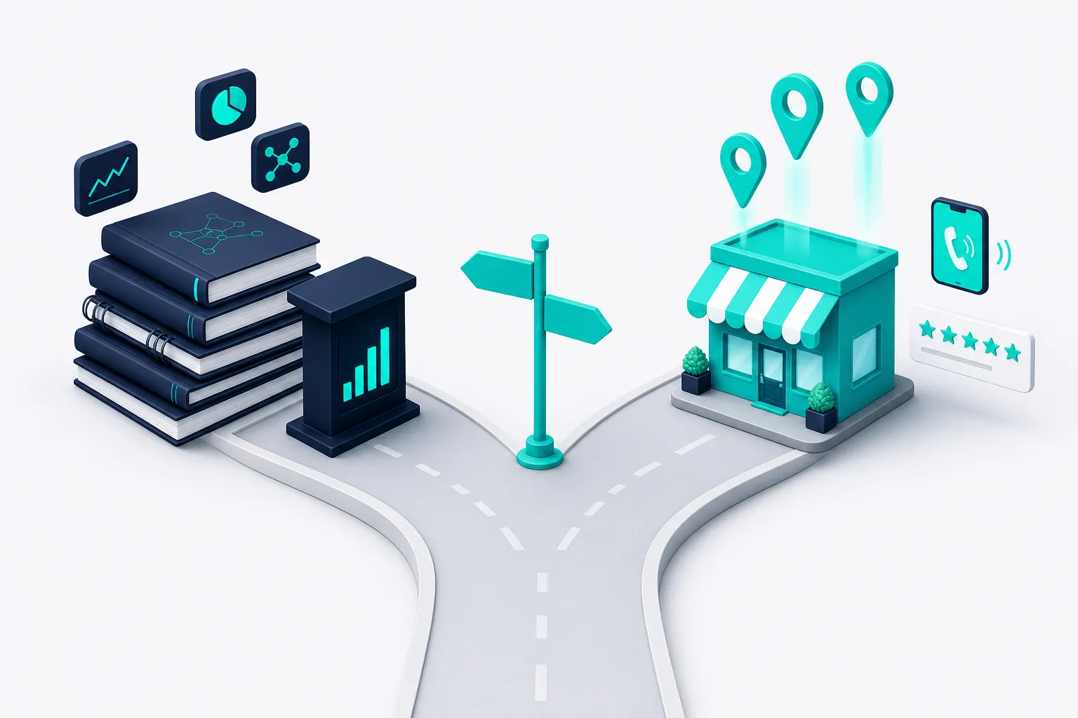 A fork in the road: one branch leads to a stack of research books and a lectern, the other to a storefront with map pins, a five-star review card, and a ringing phone