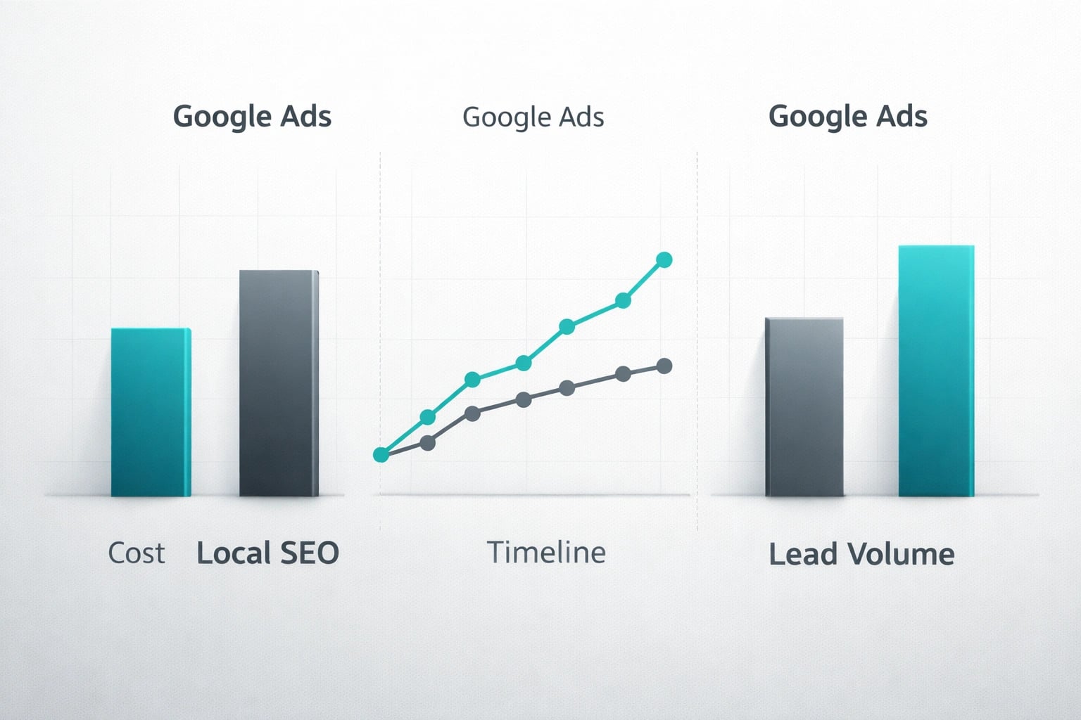 Chart comparing Google Ads and Local SEO on cost, timeline, and lead volume