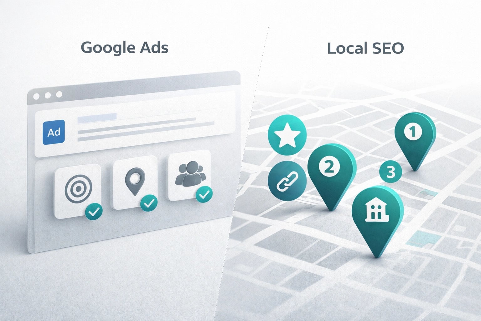 Feature comparison of Google Ads targeting options versus Local SEO ranking factors