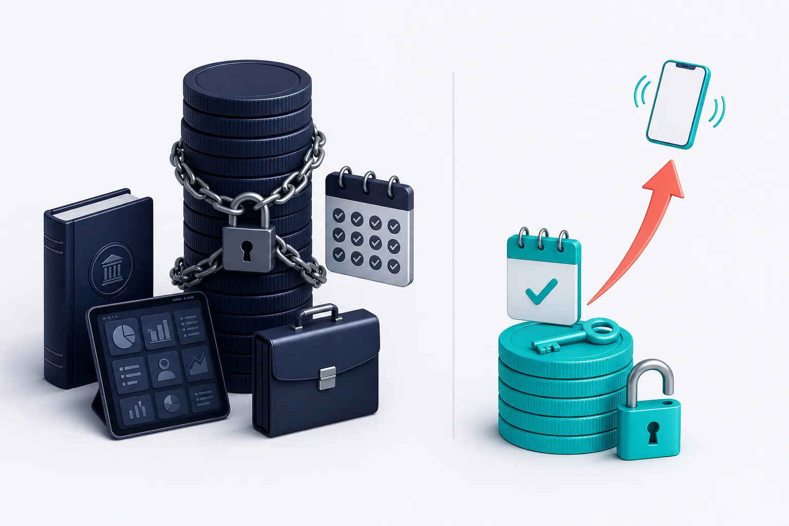 A tall stack of navy coins chained to a twelve-month calendar beside a short stack of teal coins with an open lock, a key, and a phone ringing above