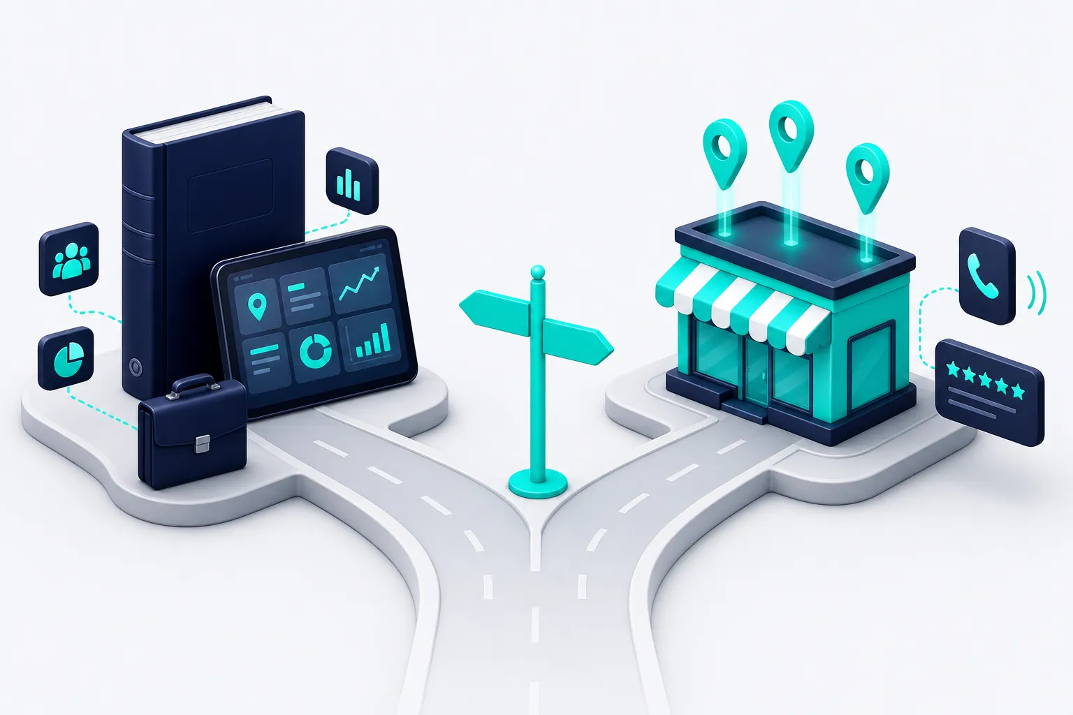 A fork in the road: one branch leads to a directory book and platform tablet, the other to a storefront with map pins, a five-star review card, and a ringing phone