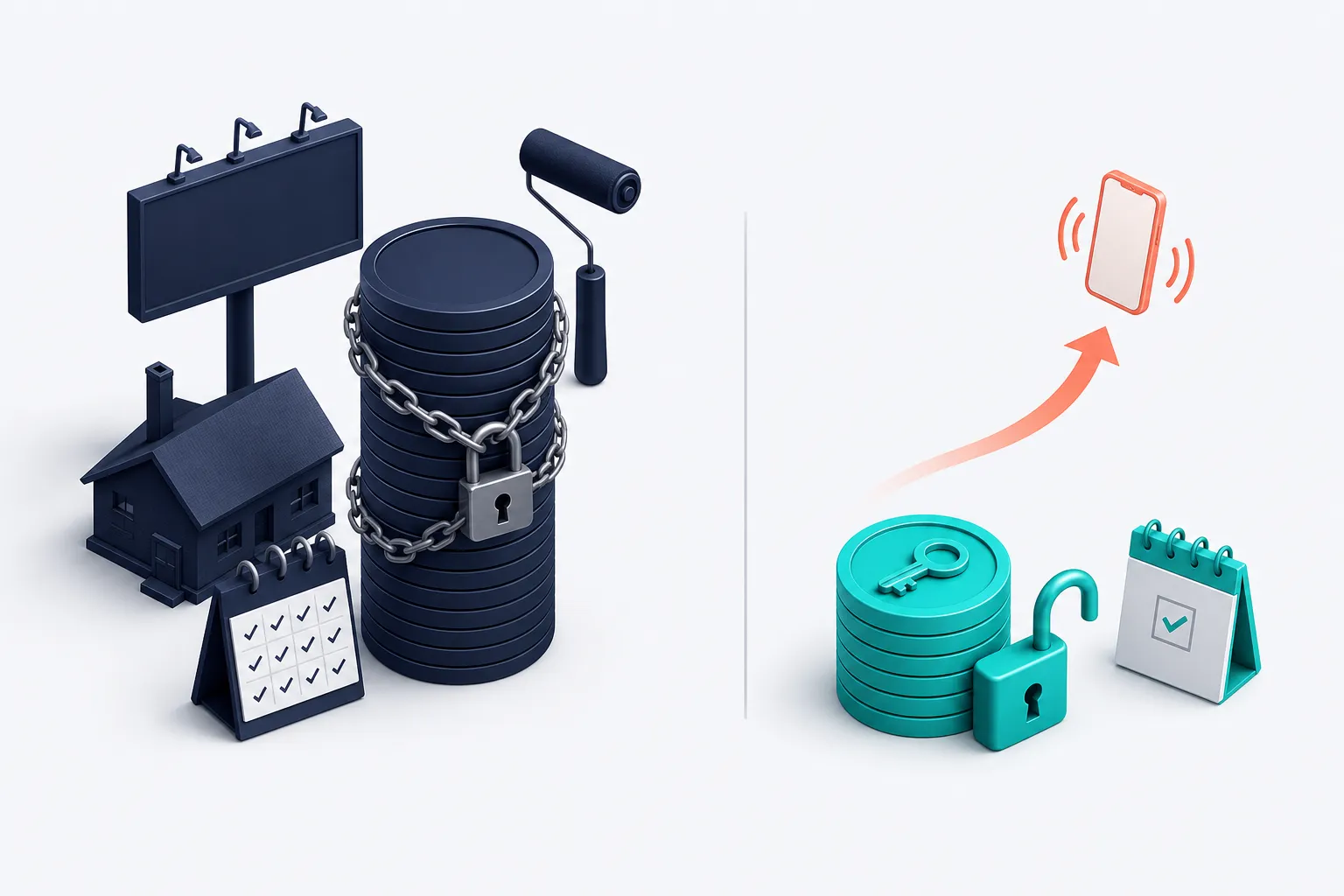 A tall stack of navy coins chained to a twelve-month calendar beside a short stack of teal coins with an open lock, a key, and a phone ringing above