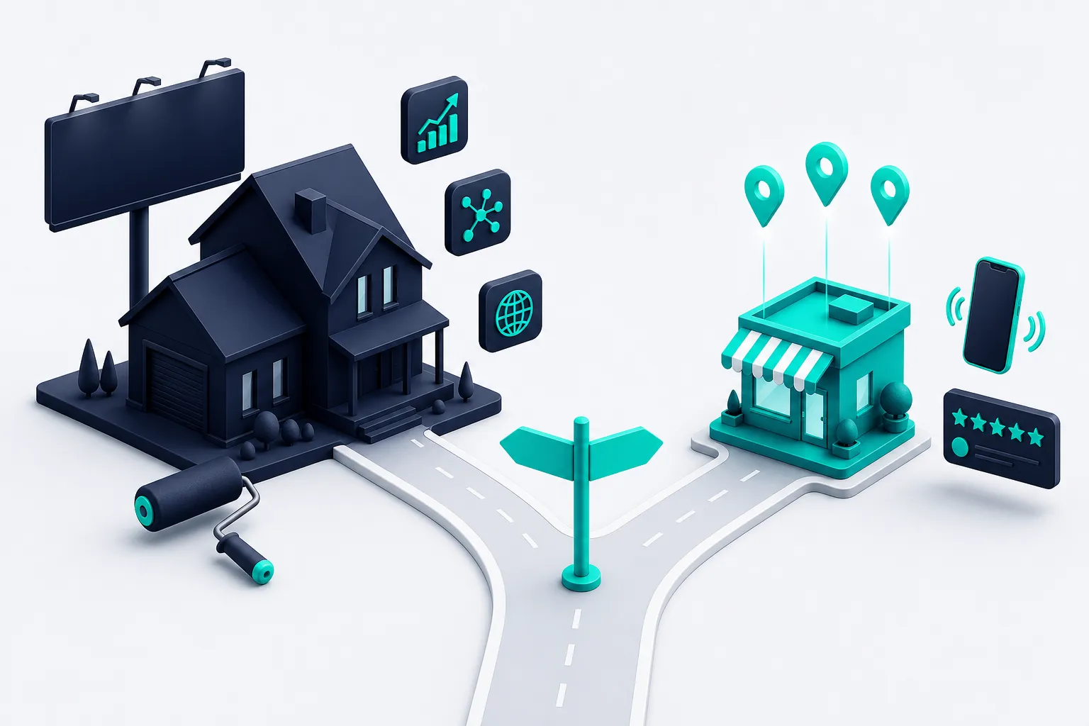 A fork in the road: one branch leads to a house with a billboard and paint roller, the other to a storefront with map pins, a five-star review card, and a ringing phone