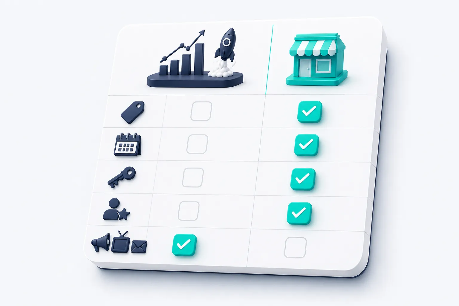 A comparison table of icons: price tag, calendar, key, and founder rows check for L3ad Solutions, the many-channels row checks for Ignite Visibility