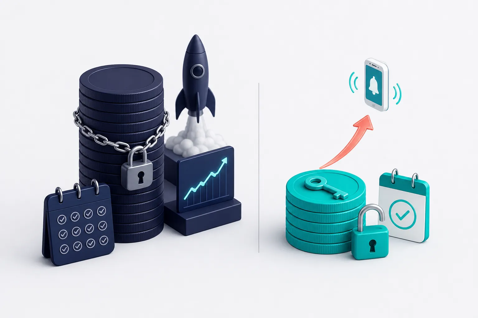 A tall stack of navy coins chained to a twelve-month calendar beside a short stack of teal coins with an open lock, a key, and a phone ringing above