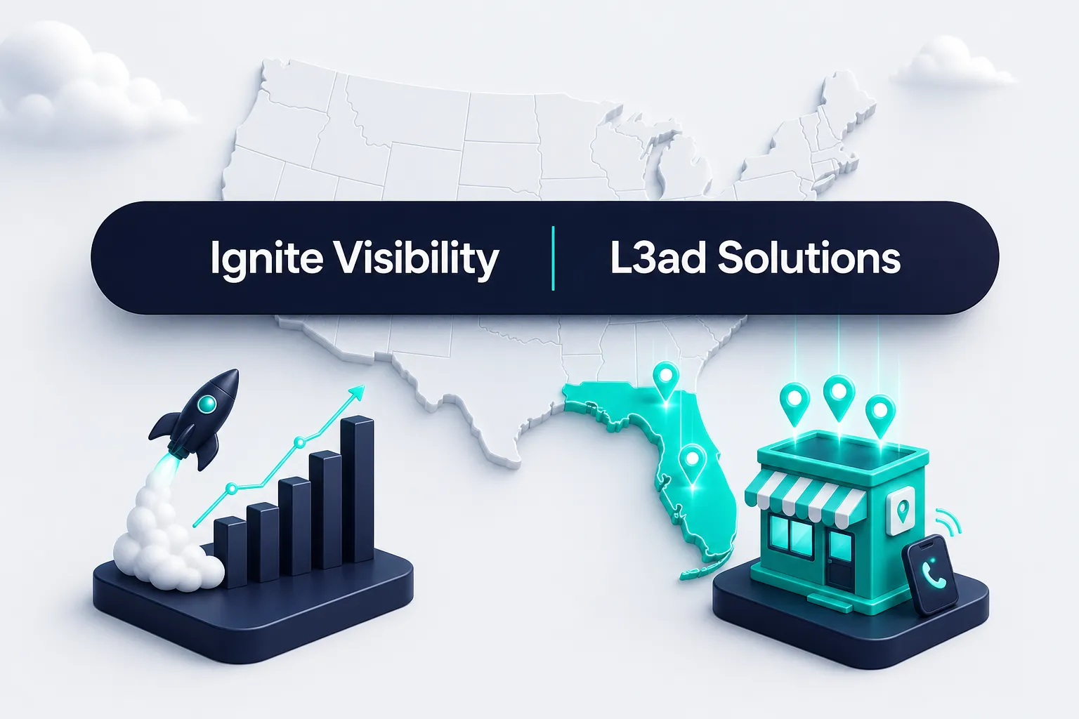 The Ignite Visibility and L3ad Solutions wordmarks on a navy bar over a map of the United States with Florida in teal, a rocket and forecast chart on the left and a storefront with a ringing phone on the right
