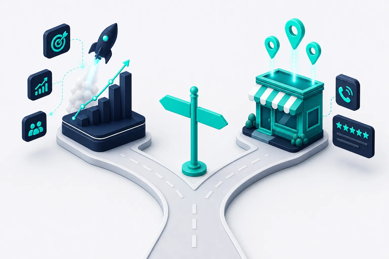 A fork in the road: one branch leads to a rocket lifting off beside a forecast chart, the other to a storefront with map pins, a five-star review card, and a ringing phone
