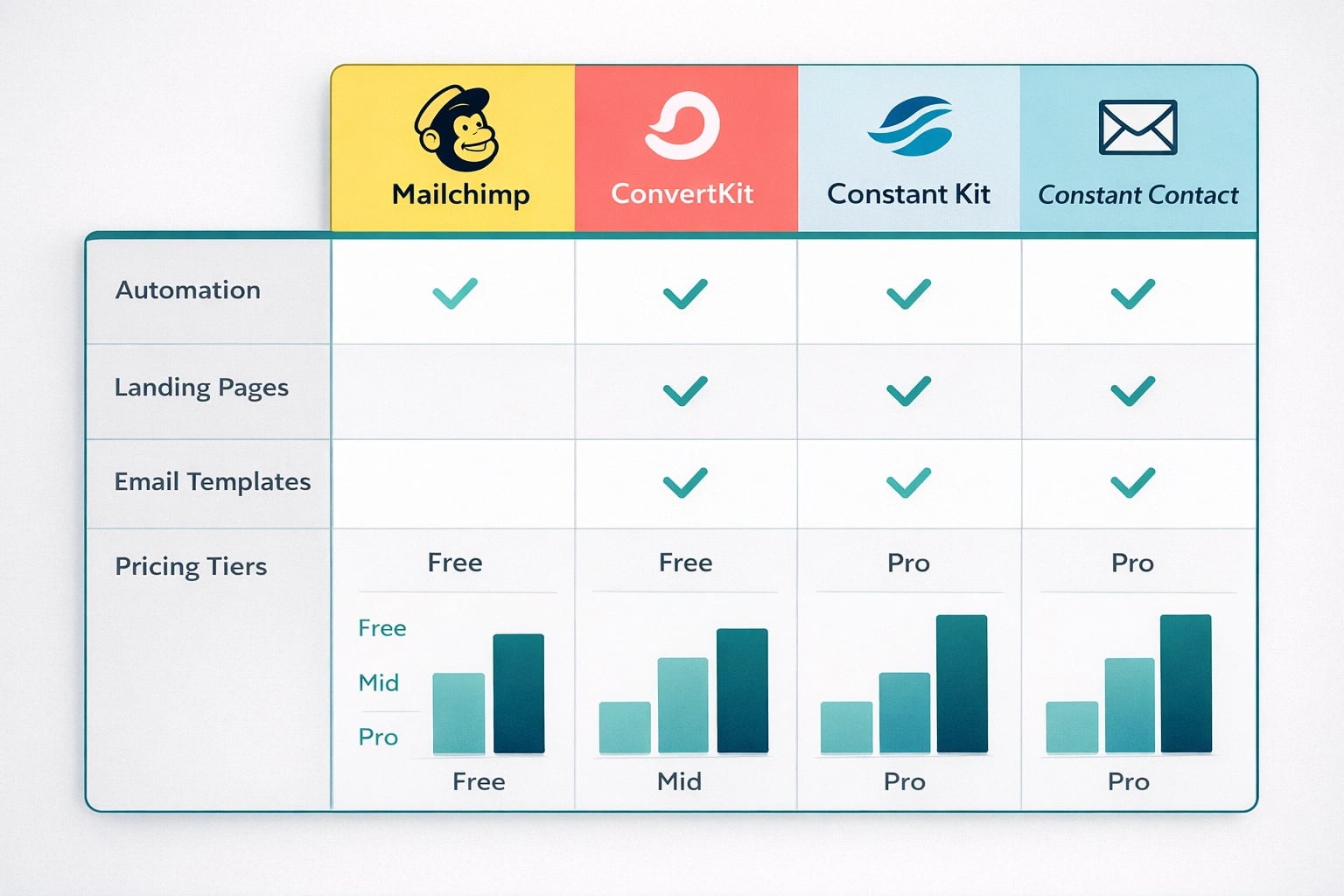 Feature and pricing comparison chart for Mailchimp, ConvertKit, and Constant Contact