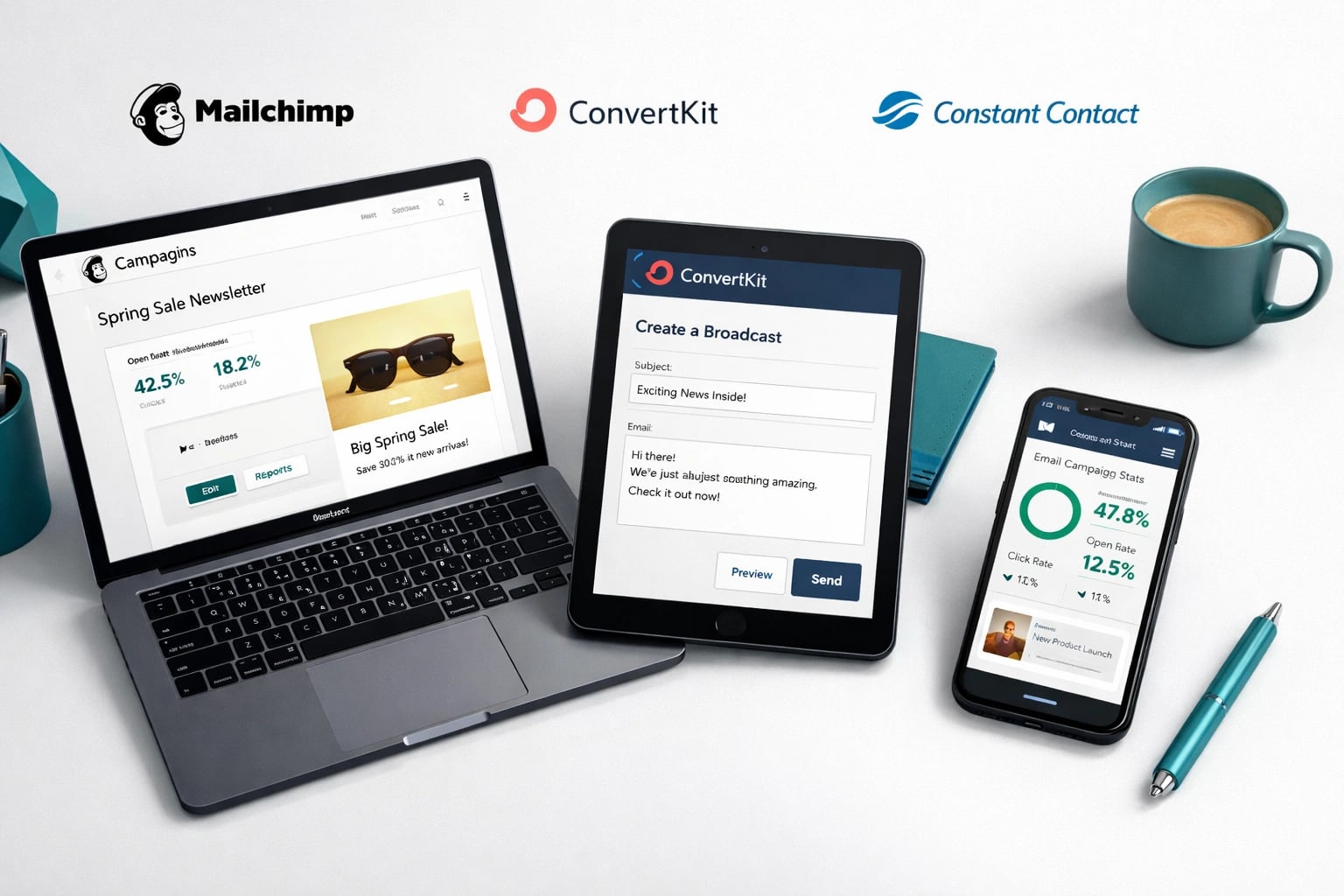 Comparison of Mailchimp, ConvertKit, and Constant Contact email marketing platforms
