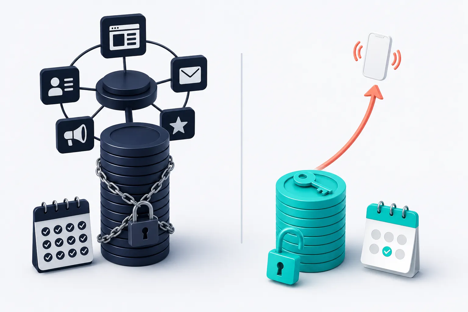 A tall stack of navy coins chained to a twelve-month calendar beside a short stack of teal coins with an open lock, a key, and a phone ringing above
