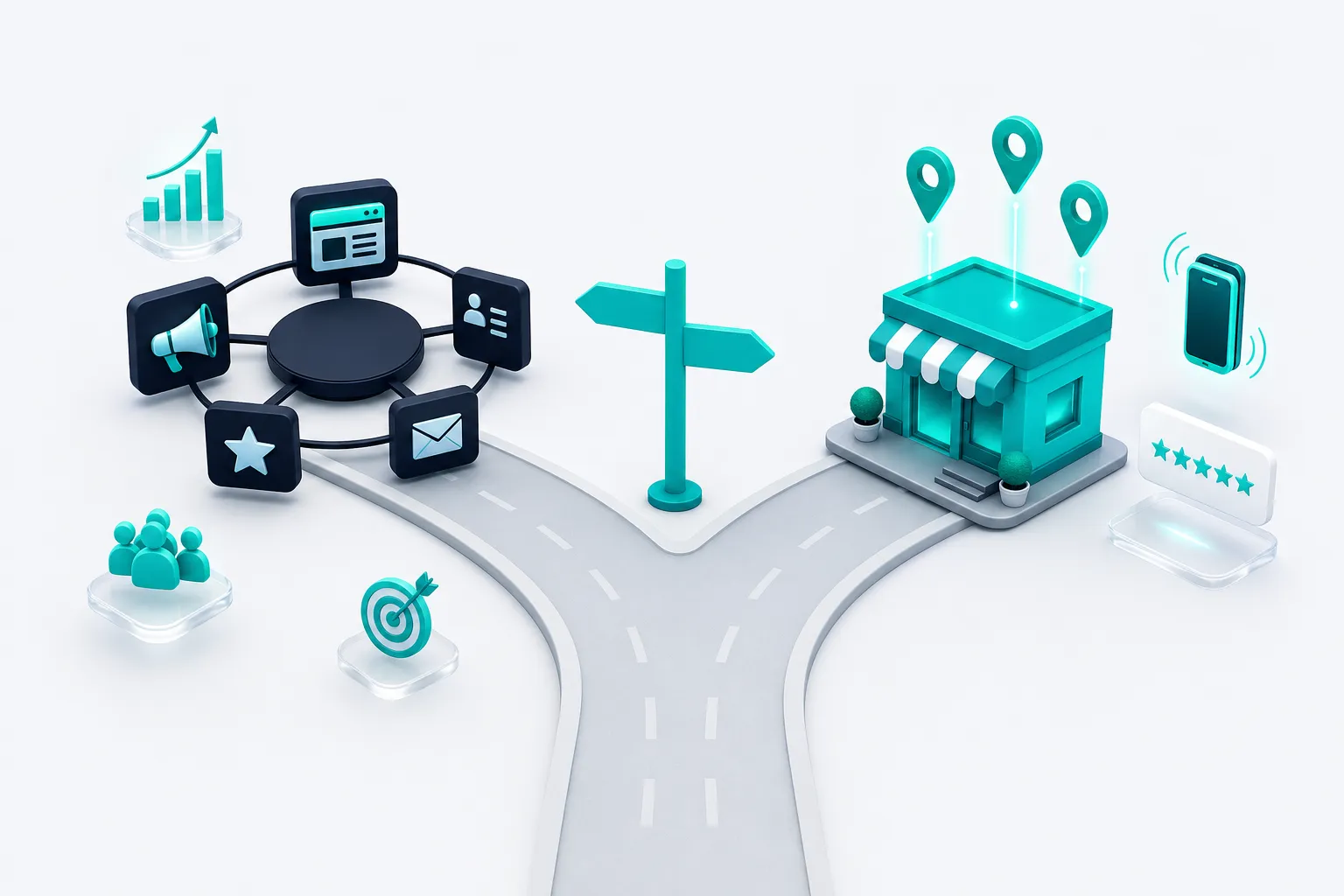 A fork in the road: one branch leads to a ring of connected app tiles around a hub, the other to a storefront with map pins, a five-star review card, and a ringing phone