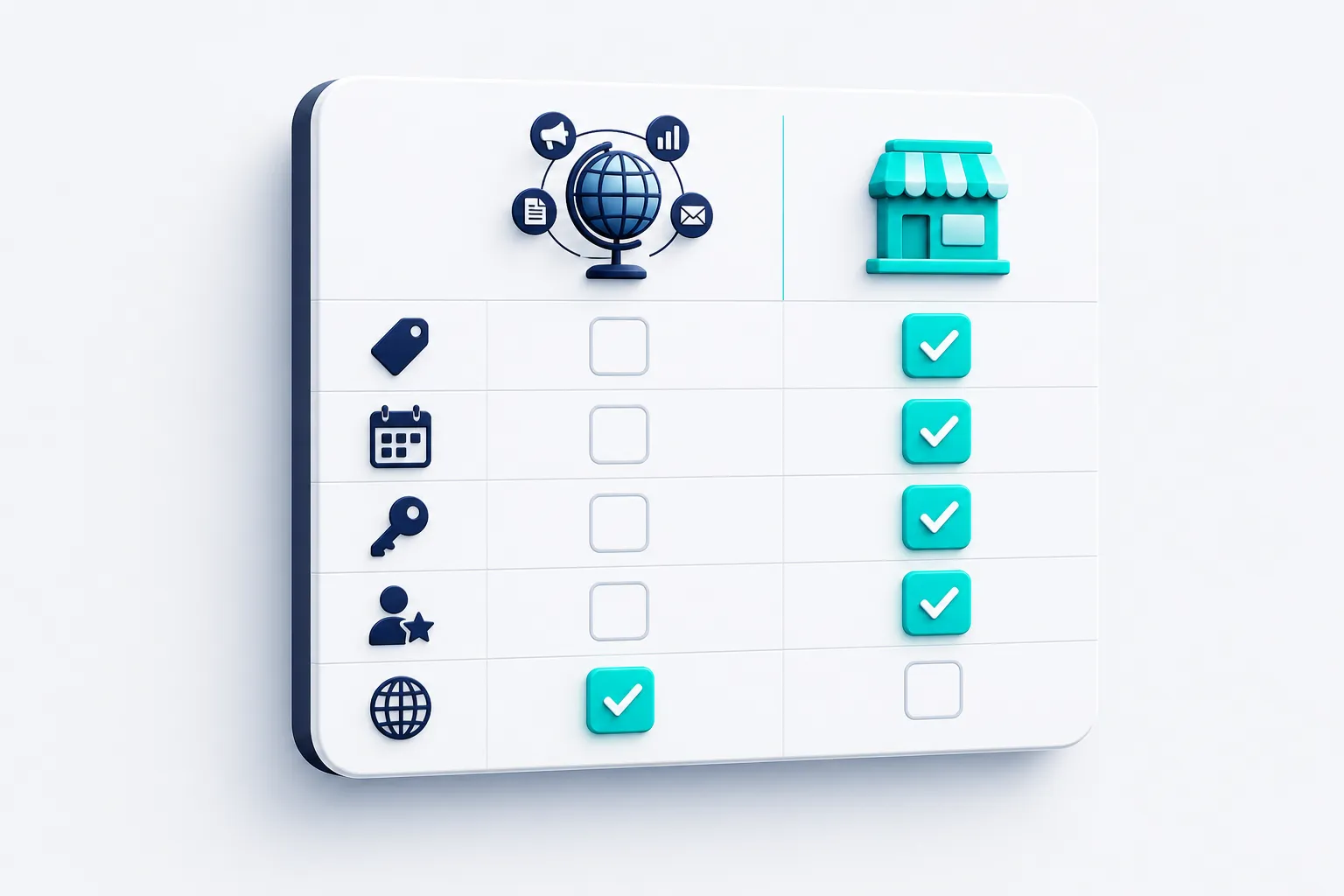 A comparison table of icons: price tag, calendar, key, and founder rows check for L3ad Solutions, the global-scale row checks for NP Digital