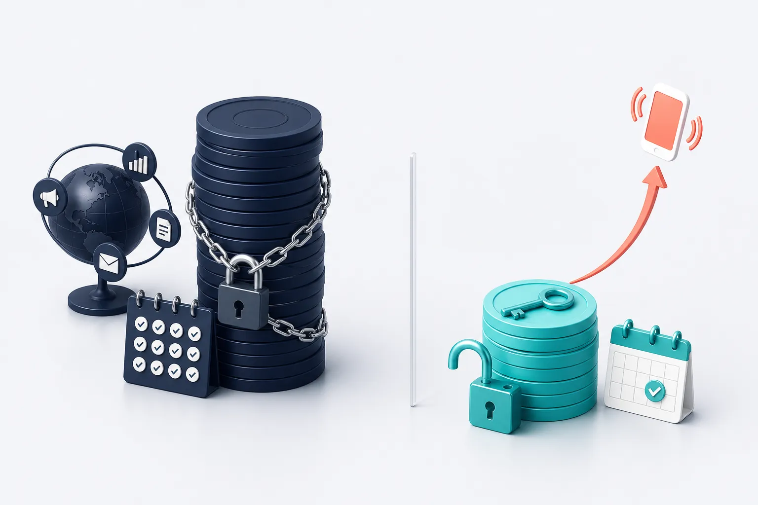 A tall stack of navy coins chained to a twelve-month calendar beside a short stack of teal coins with an open lock, a key, and a phone ringing above