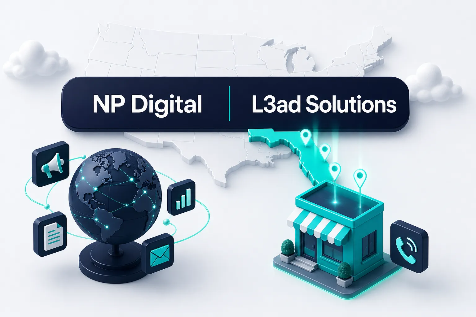 The NP Digital and L3ad Solutions wordmarks on a navy bar over a map of the United States with Florida in teal, a globe with orbiting channel icons on the left and a storefront with a ringing phone on the right