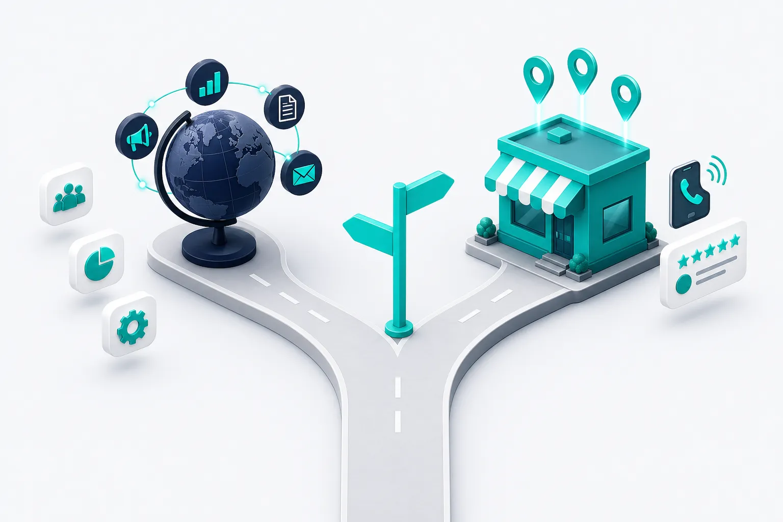A fork in the road: one branch leads to a globe ringed by channel icons, the other to a storefront with map pins, a five-star review card, and a ringing phone
