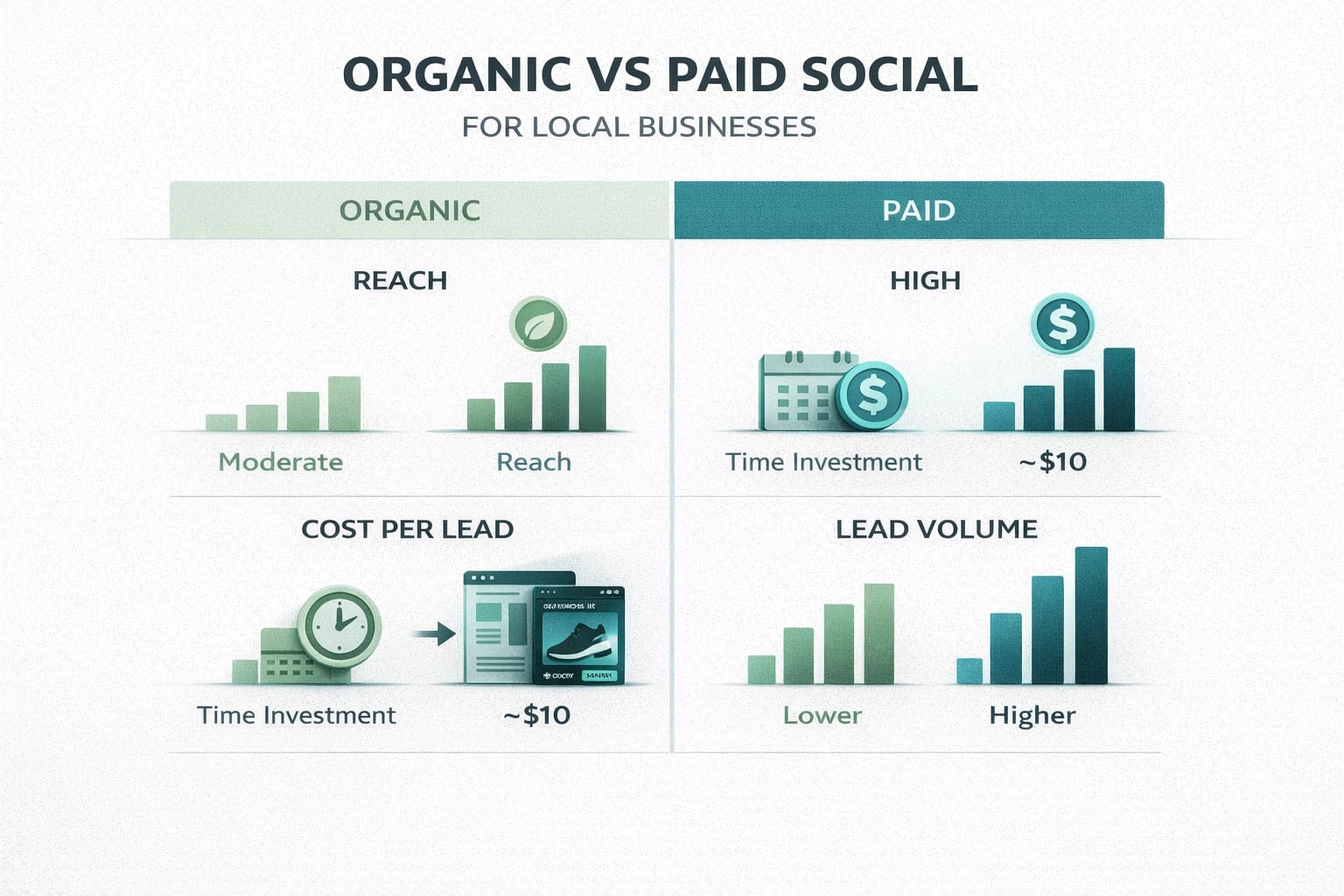 Chart comparing organic vs paid social media reach, cost per lead, and lead volume