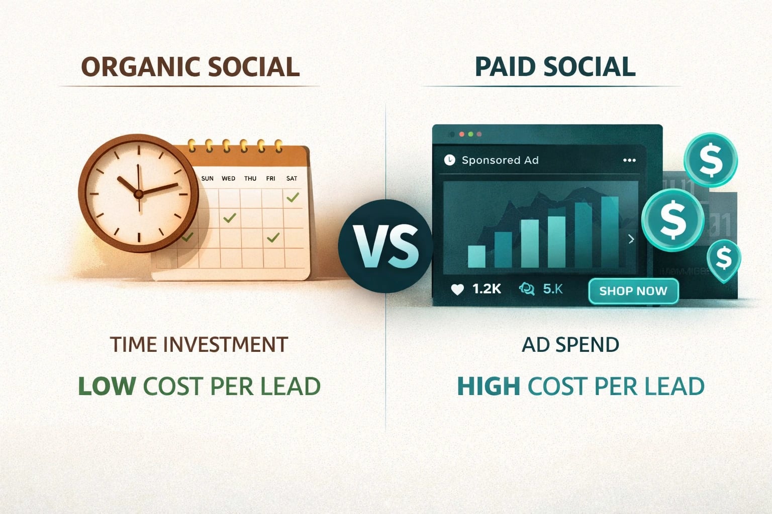 Cost per lead breakdown for organic versus paid social media strategies