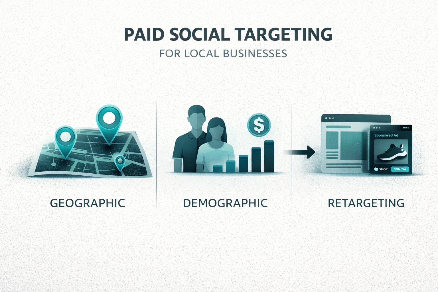 Paid social media targeting features including geographic, demographic, and retargeting options