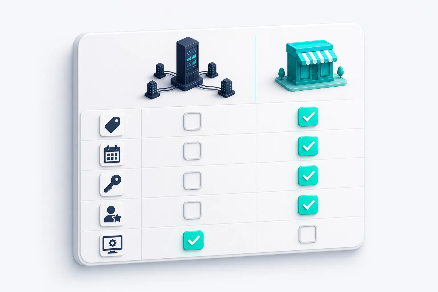 A comparison table of icons: price tag, calendar, key, and founder rows check for L3ad Solutions, the single-platform row checks for Scorpion